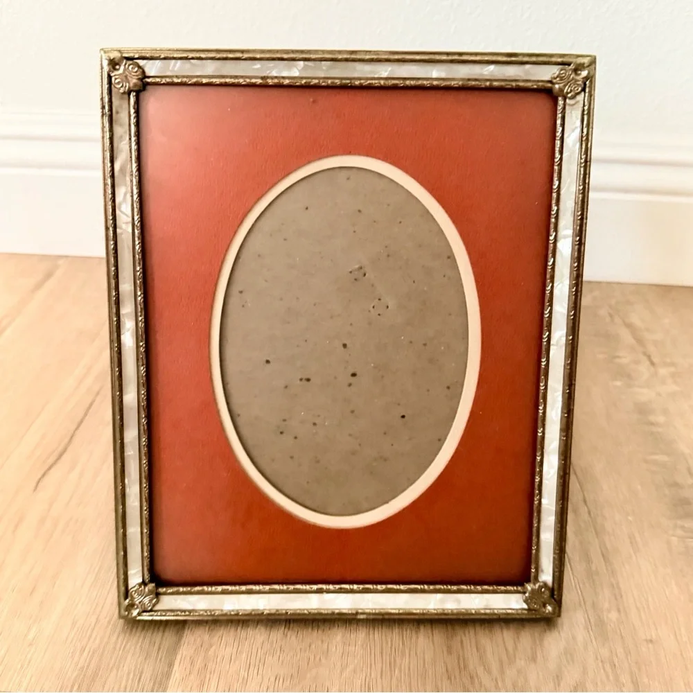 VTG Art Deco Metal Gold Tone, Mother Of Pearl & Orange Photo Picture Frame 8x10”